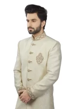 Light Cream Jacquard Sherwani Set - Image 3