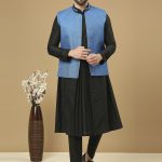 Azure Blue Jacket & Black Sufi Kurta Set