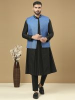 Azure Blue Jacket & Black Sufi Kurta Set
