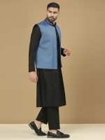 Azure Blue Jacket & Black Sufi Kurta Set - Image 3