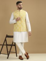 Yellow Embroidered Jacket & White Kurta Set