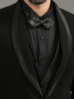 Black Oval Lapel Tuxedo with Satin Detailing Set - Image 2
