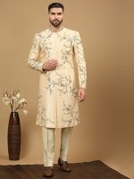 Biscuit Embroidered Sherwani Set